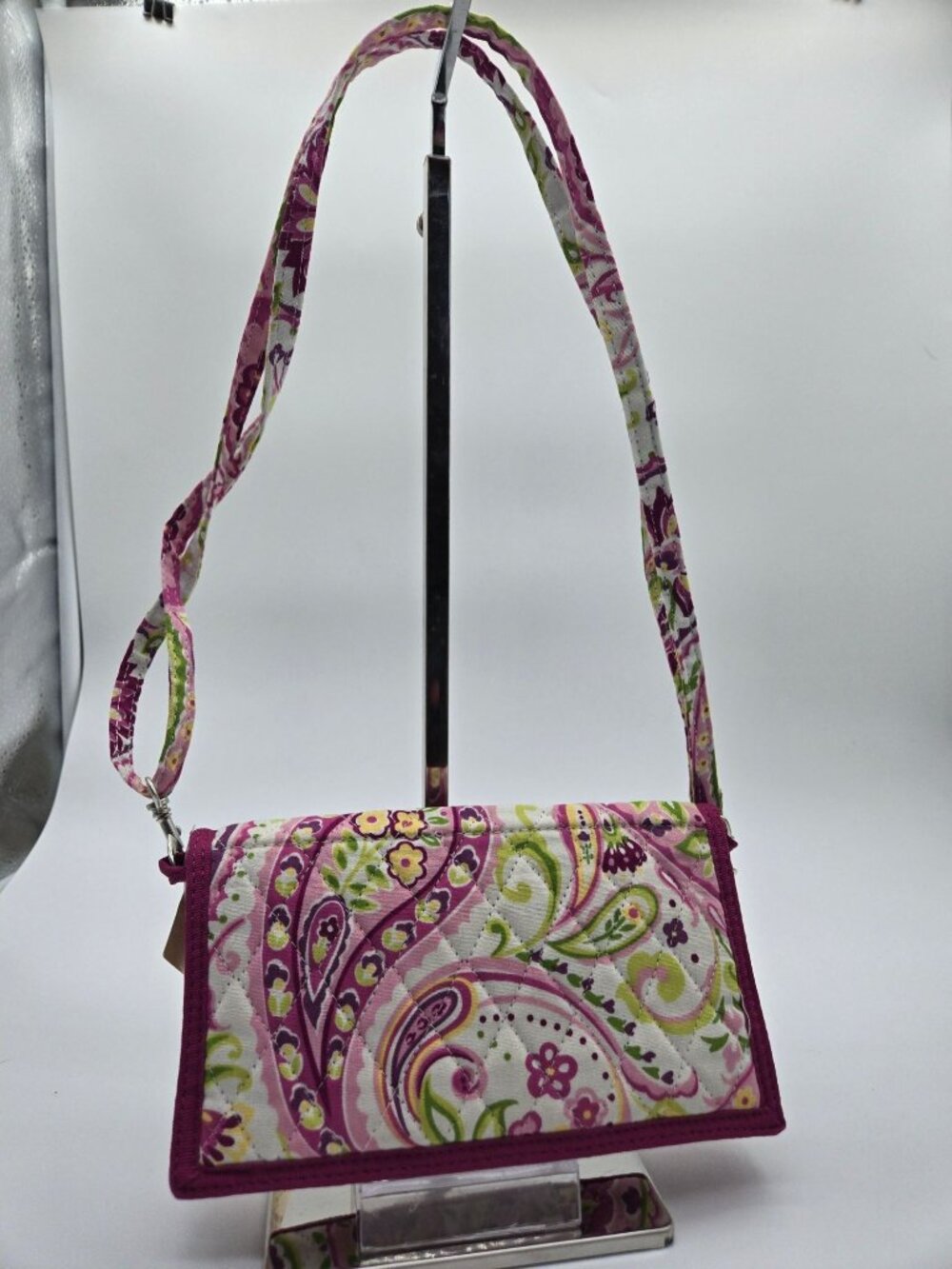 OK Pink Paisley Quilted Wallet Crossbody All in One Adjustable Strap Organizer N